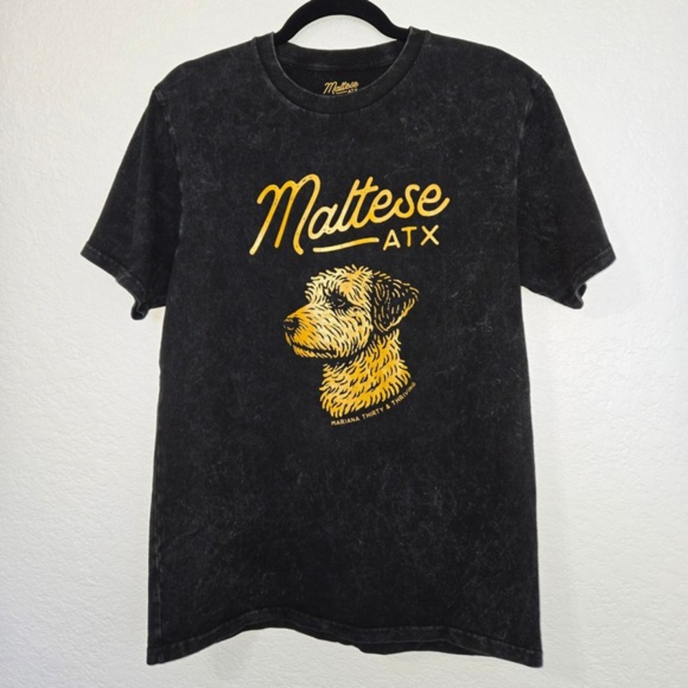 Maltese ATX Graphic T‎ Shirt Black Acid Wash Dog Print Size Small